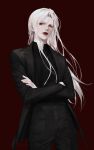  1boy absurdres black_suit crossed_arms formal gang_g highres long_hair original red_eyes red_lips solo suit white_hair 