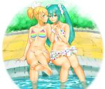  2girls aqua_eyes aqua_hair barefoot bikini bikini_skirt blonde_hair bow breasts cleavage closed_mouth collarbone commentary couple day feet feet_out_of_frame front-tie_bikini front-tie_top hair_between_eyes hair_bow hair_ornament hair_scrunchie hairclip halterneck hatsune_miku kagamine_rin layered_skirt long_hair meriko multicolored multicolored_bikini multicolored_clothes multiple_girls navel outdoors polka_dot polka_dot_bikini polka_dot_scrunchie polka_dot_skirt ponytail poolside profile rainbow_print scrunchie shiny shiny_hair short_hair sidelocks sitting skirt small_breasts smile soaking_feet soles striped striped_bikini swimsuit toes very_long_hair vocaloid white_bikini white_bow white_scrunchie white_skirt yuri 