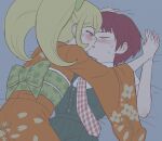  2girls animal_print bangs blonde_hair blush bow cat_print closed_eyes commentary_request danganronpa_(series) danganronpa_2:_goodbye_despair dress floral_print freckles girl_on_top green_bow half-closed_eye hands_together holding_hands imminent_kiss interlocked_fingers japanese_clothes kimono koizumi_mahiru long_hair lying multiple_girls namu_(nurui_cha) on_back plaid_neckwear profile red_neckwear saionji_hiyoko short_hair sweat twintails white_neckwear yuri 