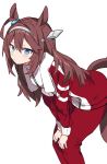  1girl ahoge animal_ears bangs blue_eyes blush brown_hair closed_mouth hair_ornament hairband hands_on_own_knees highres horse_ears horse_girl horse_tail inu_(puputizy) jacket long_hair long_sleeves mihono_bourbon_(umamusume) pants red_jacket red_pants simple_background solo tail towel towel_around_neck track_jacket track_pants track_suit umamusume white_background 