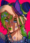  1boy androgynous bug butterfly green_eyes green_hair heart highres insect jojo_no_kimyou_na_bouken kujo_jolyne lipstick looking_at_viewer makeup male_focus nail_polish okada_(hoooojicha) petals simple_background solo stone_ocean 