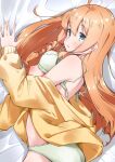  1girl absurdres ahoge ass bare_shoulders blush bra bra_lift braid breasts green_eyes highres jacket long_hair long_sleeves looking_at_viewer lying medium_breasts mushi_hara nipples on_bed orange_hair panties pecorine_(princess_connect!) princess_connect! sideboob solo sweater_jacket underwear 