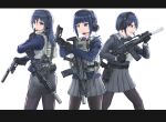  3girls absurdres acog aimpoint assault_rifle blue_hair body_armor bulletproof_vest commentary_request d-sawa613 eotech gun h&amp;k_g36c h&amp;k_hk416 h&amp;k_hk433 h&amp;k_usp handgun headset highres holding holding_gun holding_weapon jacket laser_sight long_hair microphone miniskirt multiple_girls necktie original pantyhose pistol plate_carrier pleated_skirt reloading rifle scope short_hair siblings sisters skirt sling suppressor union_jack weapon weapon_request 