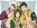  3boys abs bara black_hair brown_eyes chousokabe_motochika_(sengoku_basara) double_v eyepatch green_jacket hood hooded_jacket jacket jigoku_meguri male_cleavage male_focus mouri_motonari_(sengoku_basara) multiple_boys muscular muscular_male open_clothes open_jacket open_mouth pectorals purple_jacket sengoku_basara short_hair simple_background smile spiked_hair tokugawa_ieyasu_(sengoku_basara) upper_body v white_hair yellow_jacket 