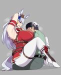  1boy 1girl altronage animal_ears armpits assertive_female between_breasts blush breasts face_between_breasts gloves gold_ship_(umamusume) green_pants green_shirt grey_background head_between_breasts hetero high_heels highres horse_ears huge_breasts jacket leg_lock legs long_hair open_mouth pants pantyhose pillbox_hat purple_eyes red_jacket shirt silver_hair simple_background steam steaming_body sweat tall_female tongue tongue_out umamusume white_gloves white_pants 