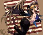  1girl american_flag american_flag_bikini_top animal_feet ass bangs bird_legs black_pants blonde_hair breasts brown_background brown_wings commentary_request dog_tags eyebrows_visible_through_hair facial_tattoo feathered_wings feathers flat_cap goggles goggles_on_headwear harpy hat highres medium_breasts monster_girl original panties pants pointing ryuu_tou short_hair solo star_(symbol) string_panties sunglasses talons tattoo tongue tongue_out underwear wings 