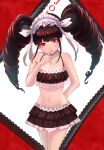  1girl arm_behind_back bangs bare_arms bare_shoulders bikini black_bikini black_hair brown_hair card celestia_ludenberg collarbone commentary_request cowboy_shot danganronpa:_trigger_happy_havoc danganronpa_(series) danganronpa_s:_ultimate_summer_camp drill_hair eyebrows_visible_through_hair frills hand_up highres index_finger_raised joker_(card) lace lace-trimmed_bikini lace_trim layered_bikini long_hair looking_at_viewer multicolored multicolored_background navel official_alternate_costume playing_card red_background red_eyes red_hair riou_(pooh920) shiny shiny_hair smile solo stomach swimsuit twin_drills twintails white_background 