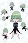  1girl bare_legs chibi comb crossed_arms curly_hair dress eating eyebrows_visible_through_hair eyes_visible_through_hair floating_hair green_eyes green_hair hair_dryer highres long_sleeves lying multiple_views murata_yuusuke on_back one-punch_man one_(style) pelvic_curtain standing tatsumaki 