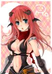  1girl :3 armor assassin_cross_(ragnarok_online) bangs bat_wings black_gloves black_leotard black_wings blue_eyes blush border breasts commentary demon_horns elbow_gloves gloves hair_between_eyes head_wings horns kainohito leotard long_hair looking_to_the_side medium_breasts navel open_mouth pauldrons pink_background plaid plaid_background ragnarok_online red_hair red_scarf revealing_clothes scarf shoulder_armor solo torn_scarf upper_body vambraces white_border wings 