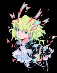  1boy blue_eyes coat earrings gloves green_hair jewelry lio_fotia looking_at_viewer male_focus open_mouth otoko_no_ko promare simple_background solo ttk211 