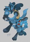  :d commentary_request dated energy_ball evolutionary_line fang furry gen_4_pokemon grey_background highres kikuyoshi_(tracco) lucario open_mouth pokemon pokemon_(creature) red_eyes riolu signature skin_fang smile toes tongue yellow_fur 