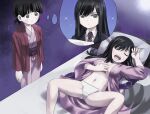  2girls alternate_hairstyle bed black_eyes black_hair blush breasts cleavage commentary drooling expressionless hakama hosoinogarou imagining japanese_clothes kimono koguma_(super_cub) long_hair looking_at_another low_twintails medium_breasts multiple_girls navel necktie no_bra obi on_bed open_mouth panties pillow purple_background reiko_(super_cub) sash school_uniform short_hair simple_background sleeping snoring sparkle spread_legs super_cub sweat thought_bubble twintails underwear upper_teeth white_panties yuri 