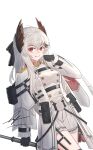  1girl arknights black_gloves breasts collared_jacket girls&#039;_frontline gloves hair_ornament highres iws_2000_(girls&#039;_frontline) long_sleeves medium_breasts miniskirt pleated_skirt red_eyes skirt smile solo unitaka white_hair white_skirt white_uniform 