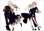  1boy 1girl 1other bangs black_dress black_eyes black_footwear black_gloves black_jacket black_neckwear black_pants black_ribbon black_suit blonde_hair boots crona_(soul_eater) dancing dress dress_shoes elbow_gloves flipped_hair formal gloves hair_ribbon hakusai_(tiahszld) hetero high_heels jacket looking_at_viewer maka_albarn necktie pants pinstripe_pants pinstripe_pattern pinstripe_suit plaid plaid_skirt pleated_skirt purple_hair red_eyes red_shirt red_skirt ribbon shirt skirt smile soul_eater soul_eater_(character) spiked_hair striped suit suit_jacket twintails white_hair wing_collar 