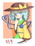  1girl bag bangs black_headwear blue_eyes border bow bright_pupils eyebrows_visible_through_hair frilled_sleeves frills green_hair green_skirt grin hat hat_bow heart heart_of_string hecchi_(blanch) holding holding_knife index_finger_raised knife koishi_day komeiji_koishi long_sleeves looking_at_viewer orange_background shirt short_hair simple_background skirt smile solo third_eye touhou white_border white_pupils wide_sleeves yellow_bow yellow_shirt 