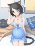  1girl absurdres aina_(mao_lian) animal_ear_fluff animal_ears bare_arms bare_shoulders blue_dress blue_eyes blue_nails breasts brown_hair cat_ears cat_tail closed_mouth dress fingernails hand_to_head head_tilt highres jewelry large_breasts looking_at_viewer mao_lian_(nekokao) nail_polish necklace original pregnant sitting sleeveless sleeveless_dress smile solo tail 