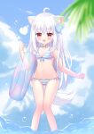  1girl :d absurdres ahoge animal_ear_fluff animal_ears ass_visible_through_thighs bangs bare_arms bare_shoulders bell bikini blue_bow blue_choker blue_sky blurry blurry_foreground blush bow choker cloud cloudy_sky commentary_request day depth_of_field dog_ears dog_girl dog_tail eyebrows_visible_through_hair fang hair_bow hair_ornament hairclip heart highres innertube jingle_bell knees_together_feet_apart liang_feng_qui_ye long_hair looking_at_viewer navel neck_bell open_mouth original outdoors palm_tree red_eyes silver_hair sky smack smile solo standing star_(symbol) star_hair_ornament striped striped_bikini swimsuit tail thigh_gap transparent tree very_long_hair water water_drop 