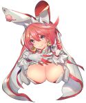  1girl ahoge bangs blue_eyes blush breasts cleavage closed_mouth clover commentary_request dress earrings elphelt_valentine four-leaf_clover gloves guilty_gear guilty_gear_xrd hairband jewelry juliet_sleeves large_breasts long_hair long_sleeves looking_at_viewer oro_(sumakaita) pink_hair puffy_sleeves short_hair smile solo spiked_hairband spikes veil white_background white_dress 