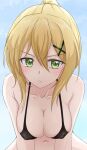  1girl absurdres akatsuki_kirika bikini black_bikini blaze_pso2 blonde_hair blush breasts cleavage closed_mouth collarbone covered_nipples eyebrows_visible_through_hair green_eyes hair_ornament highres large_breasts looking_at_viewer navel ponytail senki_zesshou_symphogear shiny shiny_hair shiny_skin short_hair sky solo sweat swimsuit x_hair_ornament 