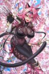  1girl :3 animal_ears armor black_bodysuit black_gloves bodysuit breasts cat_ears cat_girl cat_tail catsuit cherry_blossoms claws covered_navel fangs gloves headband hybridmink large_breasts neptune_(series) ninja pink_eyes pink_hair senran_nin_nin_ninja_taisen_neptune:_shoujo-tachi_no_kyouen short_hair shoulder_armor solo tail vambraces yuuki_(senran_nin_nin_ninja_taisen_neptune_shoujo_no_kyouen) 