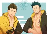  2boys aqua_eyes arm_tattoo bara black_hair brown_eyes chest_tattoo crossover facial_hair grin gyee hood hooded_jacket jacket jigoku_meguri male_cleavage male_focus multiple_boys muscular muscular_male open_clothes open_jacket open_mouth priapus priapus_a._tarou sengoku_basara short_hair smile spiked_hair tattoo teeth tokugawa_ieyasu_(sengoku_basara) upper_body 