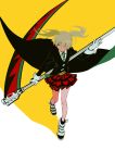  1girl bangs blonde_hair from_above full_body gloves holding holding_weapon long_sleeves looking_to_the_side maka_albarn necktie plaid plaid_skirt school_uniform scythe simple_background skirt solo soul_eater ttk211 twintails weapon white_gloves 
