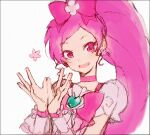  1girl bow bowtie choker cure_blossom dress earrings flower_earrings hair_bow hakusai_(tiahszld) hanasaki_tsubomi heartcatch_precure! high_ponytail jewelry looking_at_viewer magical_girl pink_bow pink_choker pink_dress pink_eyes pink_hair precure puffy_short_sleeves puffy_sleeves see-through_sleeves short_sleeves smile solo upper_body wrist_cuffs 