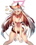  1girl animal_ears bell black_bra blush bra breasts cleavage colored_inner_hair fang guilty_gear guilty_gear_xrd hair_between_eyes jack-o&#039;_valentine jingle_bell large_breasts long_hair looking_at_viewer multicolored_hair navel neck_bell open_mouth oro_(sumakaita) red_eyes simple_background sketch skin_fang smile solo tail tongue tongue_out underwear v_arms very_long_hair wet white_background 