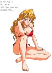  1990s_(style) 1girl bangs barefoot bikini blonde_hair blue_eyes breasts christine_garland full_body hand_on_own_thigh highres knee_up large_breasts long_hair looking_at_viewer measurements non-web_source official_art red_bikini retro_artstyle side-tie_bikini simple_background sitting smile solo stats super_real_mahjong swimsuit tanaka_ryou white_background 