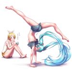  2girls alternate_costume aqua_eyes aqua_hair arms_up ass barefoot blonde_hair blue_eyes breasts clothes_lift collarbone commentary eating eyebrows_visible_through_hair food hairband handstand hatsune_miku highres ice_cream jitome kagamine_rin knees_up long_hair looking_at_another looking_at_viewer multiple_girls nail_polish nipples no_bra open_mouth polka_dot raised_eyebrows ribs shirt_lift short_hair short_sleeves shorts simple_background sitting sleeveless small_breasts smile split tight toenail_polish toenails translated twintails upside-down very_long_hair vocaloid wardrobe_malfunction white_background wokada 