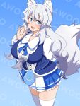  1girl absurdres animal_ear_fluff animal_ears blue_dress blue_eyes blue_skirt breasts commentary dress finland highres indie_virtual_youtuber large_breasts long_hair lumi_(merryweather) open_mouth seihekiog skirt smile solo tail thighhighs virtual_youtuber white_hair wolf_ears wolf_girl wolf_tail 