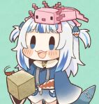  1girl :d animal_on_head aqua_background axolotl axolotl_(minecraft) bangs blue_eyes blue_hair blunt_bangs chibi commentary cube eyebrows_visible_through_hair fish_tail gawr_gura hair_ornament hairclip highres hololive hololive_english long_sleeves minecraft multicolored_hair on_head open_mouth same_anko shark_hair_ornament shark_tail sharp_teeth shrimp simple_background smile solo streaked_hair symbol-only_commentary tail teeth two-tone_hair two_side_up virtual_youtuber white_hair wide_sleeves 