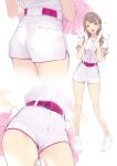  1girl :d ama_mitsuki ass ass_visible_through_thighs bangs bare_legs baseball belt belt_buckle between_legs blonde_hair blush brown_eyes brown_hair buckle commentary_request full_body gloves hands_on_hips hands_up heart high-waist_shorts highres looking_at_viewer multicolored_hair multiple_views open_mouth original pink_shirt pom_pom_(cheerleading) shirt shoes short_sleeves simple_background smile sneakers standing streaked_hair swept_bangs two-tone_hair white_background white_footwear white_gloves 