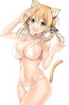  1girl :d anchor_hair_ornament animal_ears bikini blonde_hair breasts cat_ears cat_tail commentary eyebrows_visible_through_hair green_eyes hair_between_eyes hair_ornament highres inuzumi_masaki kantai_collection kemonomimi_mode large_breasts looking_at_viewer navel open_mouth polka_dot polka_dot_bikini prinz_eugen_(kancolle) short_hair simple_background smile solo swimsuit tail teeth upper_teeth white_background white_bikini 