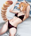 1girl animal_ear_fluff animal_ears bare_shoulders blush bra breasts green_eyes highres light_brown_hair looking_at_viewer lying multicolored_hair navel on_back open_mouth original panties red_bra red_panda_ears red_panda_girl red_panda_tail red_panties short_hair small_breasts solo stomach striped_pillow tail tama_(seiga46239239) underwear white_hair 