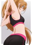  1girl arms_up ass bangs black_shorts black_sports_bra blue_eyes border brown_hair from_behind fuchi_(nightmare) highres houjou_hibiki long_hair looking_at_viewer looking_back outside_border pantylines precure shorts solo sports_bra stretch suite_precure sweat white_border 