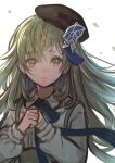  1boy bandaged_hands bandages beret butterfly_hair_ornament closed_mouth collared_shirt eyebrows_visible_through_hair green_eyes green_hair hair_ornament hands_clasped hat long_hair long_sleeves looking_at_viewer male_focus otoko_no_ko own_hands_together pinocchio_(sinoalice) puffy_long_sleeves puffy_sleeves reality_arc_(sinoalice) ribbon sad shirt sidelocks simple_background sinoalice solo starry_babe suspenders white_background 