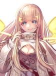  1girl aqua_eyes bag blonde_hair breasts capelet cleavage cleavage_cutout closed_mouth clothing_cutout energy_wings flower hair_flower hair_ornament handbag high_collar highres large_breasts long_hair long_sleeves looking_at_viewer puffy_long_sleeves puffy_sleeves rapunzel_(sinoalice) ribbon simple_background sinoalice sketch smile solo starry_babe very_long_hair white_background yellow_flower 