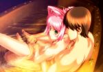  1boy 1girl :3 bangs bathing bou breast_grab breasts brown_hair censored closed_mouth fingering game_cg grabbing grabbing_from_behind green_eyes hair_between_eyes hair_intakes hetero highres long_hair mixed_bathing mosaic_censoring muvluv muvluv_altered_fable official_art partially_submerged pink_hair shiny shiny_hair shirogane_takeru small_breasts spread_legs tamase_miki tied_hair 