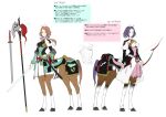  2girls absurdres armor bow_(weapon) brown_hair centaur concept_art gauntlets green_eyes halberd highres holding holding_bow_(weapon) holding_sword holding_weapon juliet_sleeves kay_arte long_hair long_sleeves looking_at_viewer lorna_arte medium_hair monster_girl monster_musume_no_oisha-san multiple_girls official_art pink_eyes polearm puffy_sleeves purple_hair saddle simple_background sketch smile standing sword taur translation_request weapon white_background z-ton 