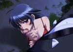  1boy 1girl ayamine_kei bangs black_hair bou breasts censored collarbone eyebrows_visible_through_hair fellatio from_above game_cg hair_between_eyes hetero highres jewelry large_breasts long_hair looking_up mosaic_censoring muvluv muvluv_altered_fable necklace official_art oral outdoors penis purple_eyes red_shirt shiny shiny_hair shirt sleeveless sleeveless_shirt solo_focus spaghetti_strap tied_hair tongue tongue_out 