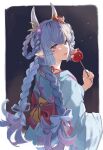  1girl blue_hair candy food granblue_fantasy hashibiro_kou_(garapiko_p) highres horns japanese_clothes kimono looking_at_viewer nail_polish open_mouth shatola_(granblue_fantasy) smile solo standing 