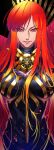  1girl armor bangs black_bodysuit bodysuit breastplate breasts cape chain embers eyebrows_visible_through_hair eyes_visible_through_hair fate/grand_order fate_(series) high_collar highres long_bangs long_hair looking_at_viewer oda_nobunaga_(fate)_(all) oda_nobunaga_(maou_avenger)_(fate) red_cape red_eyes red_hair solo swept_bangs tenobe upper_body 