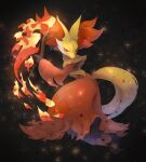  animal_ear_fluff blurry closed_mouth commentary_request delphox embers fire gen_6_pokemon highres holding holding_stick kikuyoshi_(tracco) looking_back orange_eyes pokemon pokemon_(creature) smile solo stick 