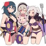  3girls alternate_costume bangs belt belt_buckle bikini black_bikini black_swimsuit blue_eyes blue_hair blush book breasts brown_eyes brown_gloves buckle byleth_(fire_emblem) byleth_(fire_emblem)_(female) cape cleavage collarbone corrin_(fire_emblem) corrin_(fire_emblem)_(female) do_m_kaeru eyebrows_visible_through_hair fire_emblem fire_emblem:_three_houses fire_emblem_awakening fire_emblem_fates fire_emblem_heroes flower flower_necklace gloves grey_hair hair_between_eyes hair_flower hair_ornament hairband hibiscus holding holding_book holding_weapon jewelry knife large_breasts long_hair looking_at_another looking_at_viewer manakete medium_breasts multiple_girls navel necklace o-ring o-ring_bikini o-ring_top official_alternate_costume one_eye_closed open_mouth pink_flower pointy_ears polearm purple_bikini purple_cape purple_swimsuit red_eyes red_flower robin_(fire_emblem) robin_(fire_emblem)_(female) serious sheath sheathed sidelocks simple_background smile sweatdrop swimsuit trait_connection trident twintails twitter_username weapon white_background white_bikini white_hair white_swimsuit 