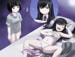  2girls bed black_eyes black_hair blush bob_cut breasts collarbone commentary drooling expressionless hosoinogarou imagining koguma_(super_cub) long_hair looking_at_another medium_breasts multiple_girls navel necktie no_pants on_bed open_mouth panties pillow purple_background reiko_(super_cub) school_uniform self_fondle shirt short_hair shorts shorts_around_one_leg simple_background sleeping snoring sparkle spread_legs super_cub sweat tank_top thought_bubble underboob underwear upper_teeth white_panties yuri 