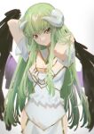  1girl albedo_(overlord) albedo_(overlord)_(cosplay) alternate_costume arms_behind_head black_feathers black_wings breasts c.c. code_geass cosplay cowboy_shot creayus green_hair hip_vent horns long_hair medium_breasts overlord_(maruyama) solo thighs very_long_hair wings yellow_eyes 