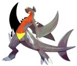  claws commentary_request full_body garchomp gen_4_pokemon legs_apart no_humans open_mouth pokemon pokemon_(creature) ryanpei sharp_teeth simple_background solo spikes standing teeth tongue white_background 