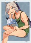  1girl ahoge alternate_costume asashimo_(kancolle) bangs banned_artist barefoot crossed_legs feet flat_chest green_panties green_tank_top grey_eyes hair_over_one_eye hand_fan head_rest holding holding_fan kantai_collection long_hair looking_at_viewer makio_(makiomeigenbot) multicolored_hair open_mouth panties ponytail purple_hair sharp_teeth signature simple_background soles solo tank_top teeth underwear 