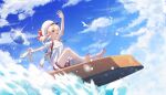  1girl alternate_costume backpack bag blonde_hair blue_sky cloud cloudy_sky day fingertip_gentleman genshin_impact hat highres klee_(genshin_impact) low_twintails open_mouth outdoors red_eyes sky solo sparkle splashing sunlight twintails water water_drop 